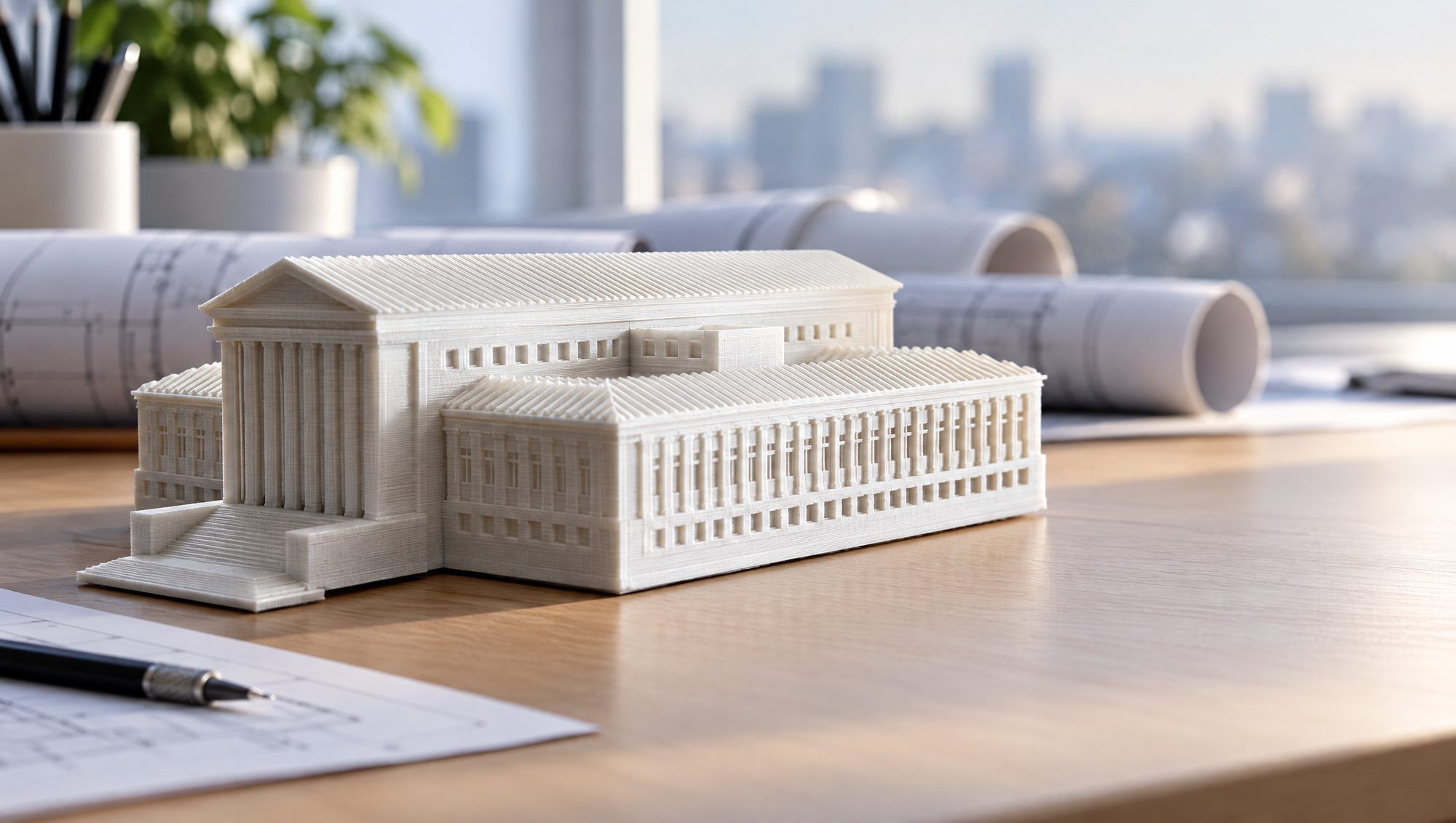 A white printed neoclassical building model on a desk with drawings